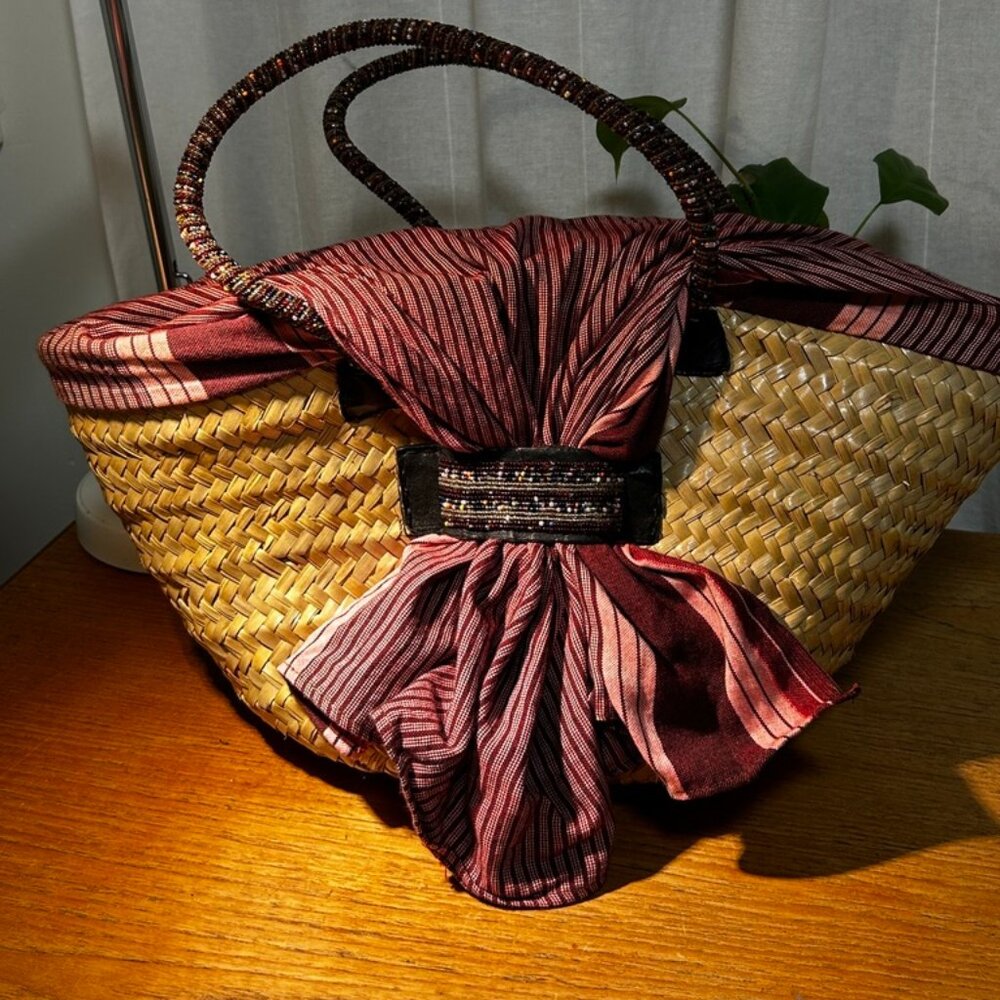 Unique woven tote bag, lined, beaded strap